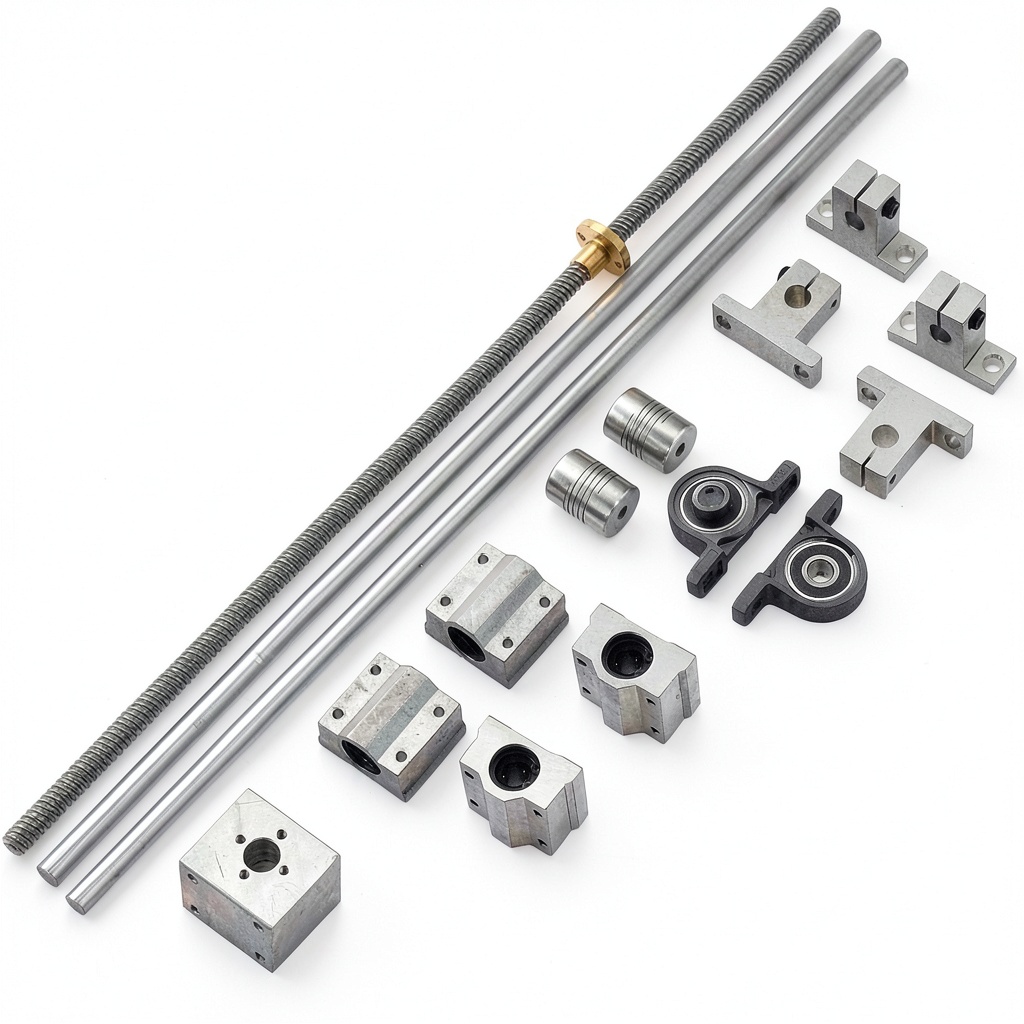 N/C linear motion lead screw set components displayed on a workbench