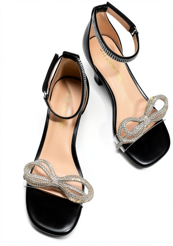 DREAM PAIRS Girls Sandals Square Toe Rhinestone Bow Kitten-3