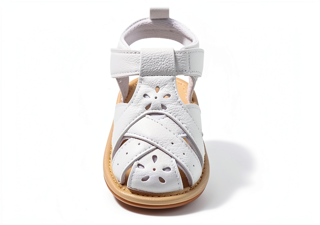 Baby wearing sandals on a soft carpet