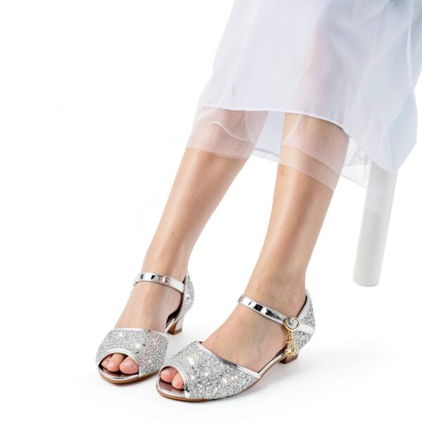 Girls Sparkle Heels Glitter Sandals Low Heel Dress Shoes-7